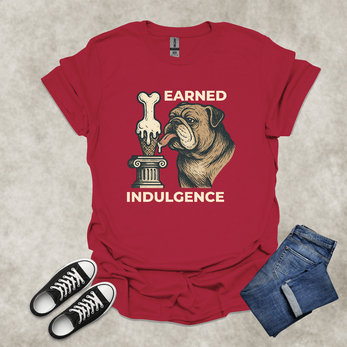 EARNED INDULGENCE — Bulldog Humor Graphic Tee: Unisex Softstyle T-Shirt