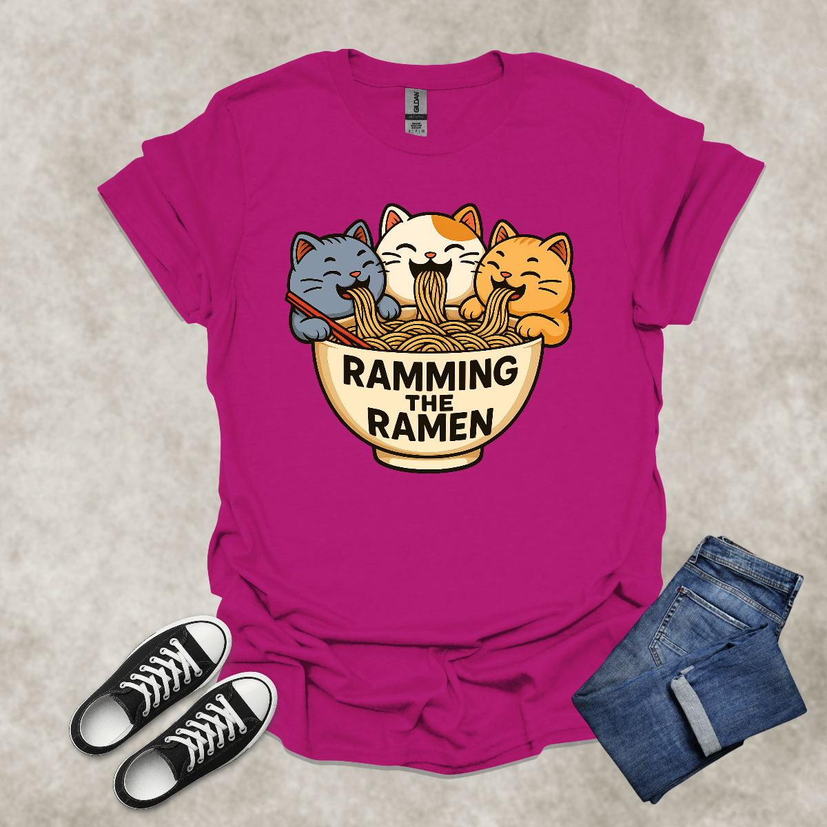 RAMMING THE RAMEN — Food & Cat Humor Tee: Unisex Softstyle T-Shirt
