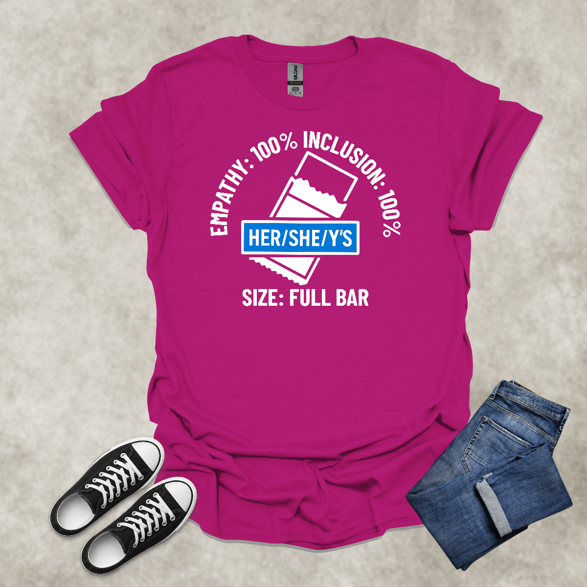 EMPATHY: 100%: INCLUSION: 100%: SIZE: FULL BAR: HER/SHE/Y'S — Corporate Satire Tee: Unisex Softstyle T-Shirt