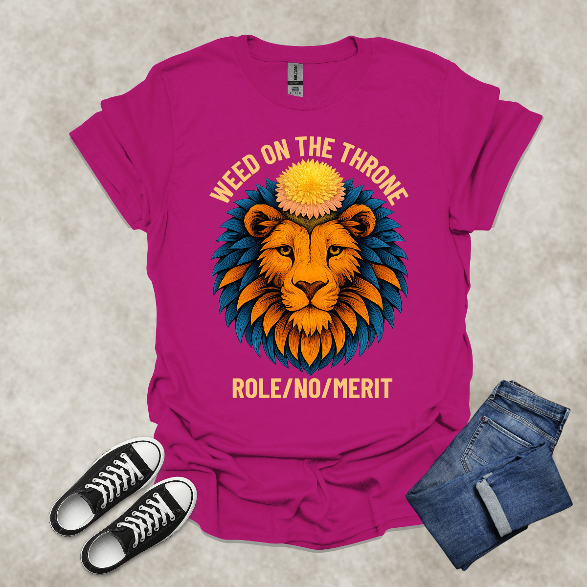 DANDELION ON THE THRONE: ROLE/NO/MERIT — Corporate Satire Tee: Unisex Softstyle T-Shirt