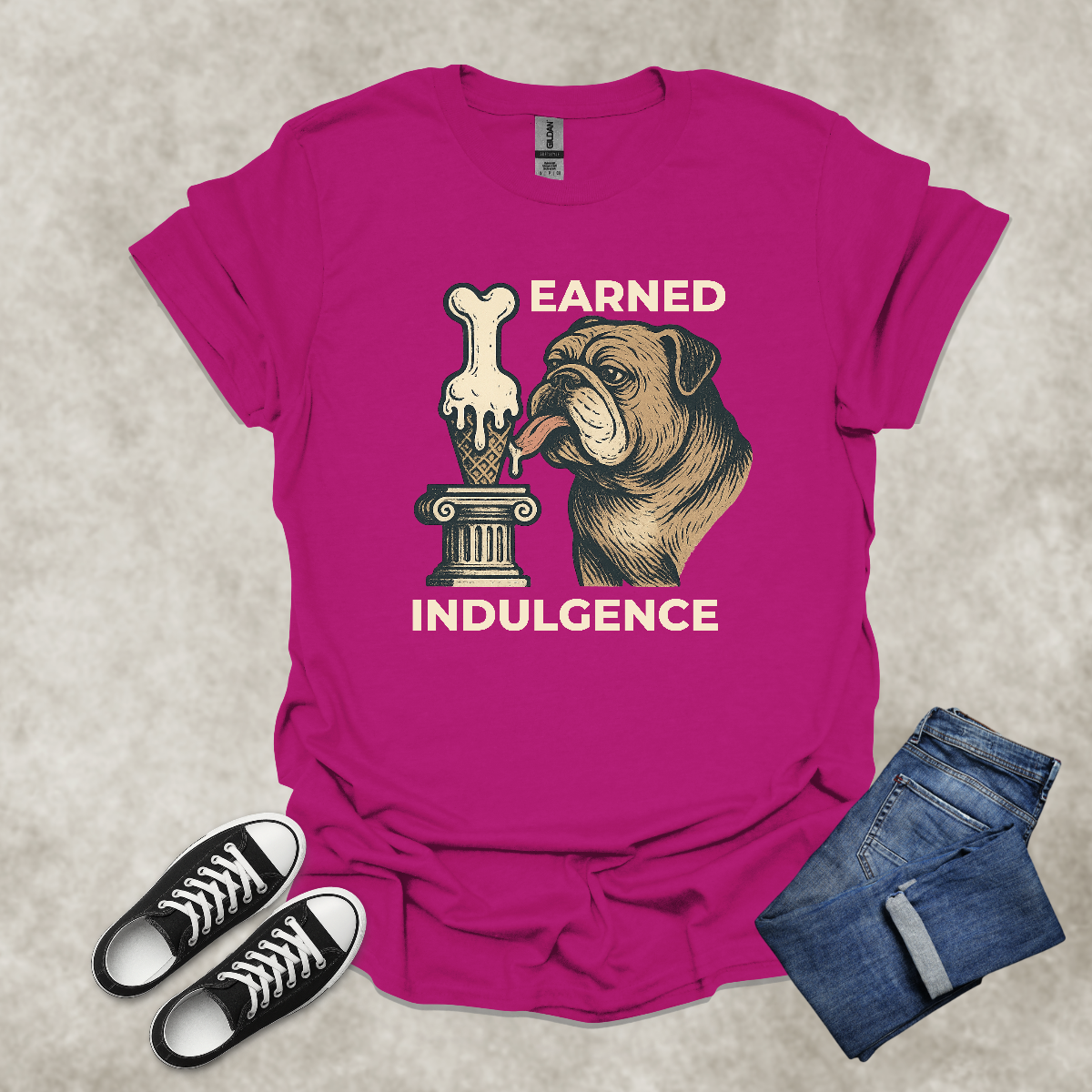 EARNED INDULGENCE — Bulldog Humor Graphic Tee: Unisex Softstyle T-Shirt