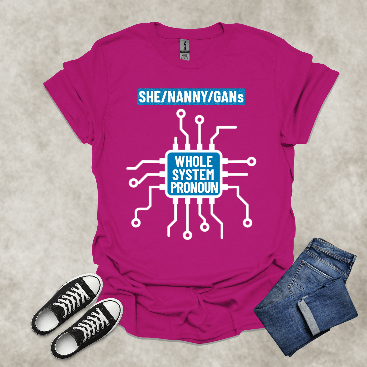 SHE/NANNY/GANs: WHOLE SYSTEM PRONOUN — Corporate Satire Tee: Unisex Softstyle T-Shirt