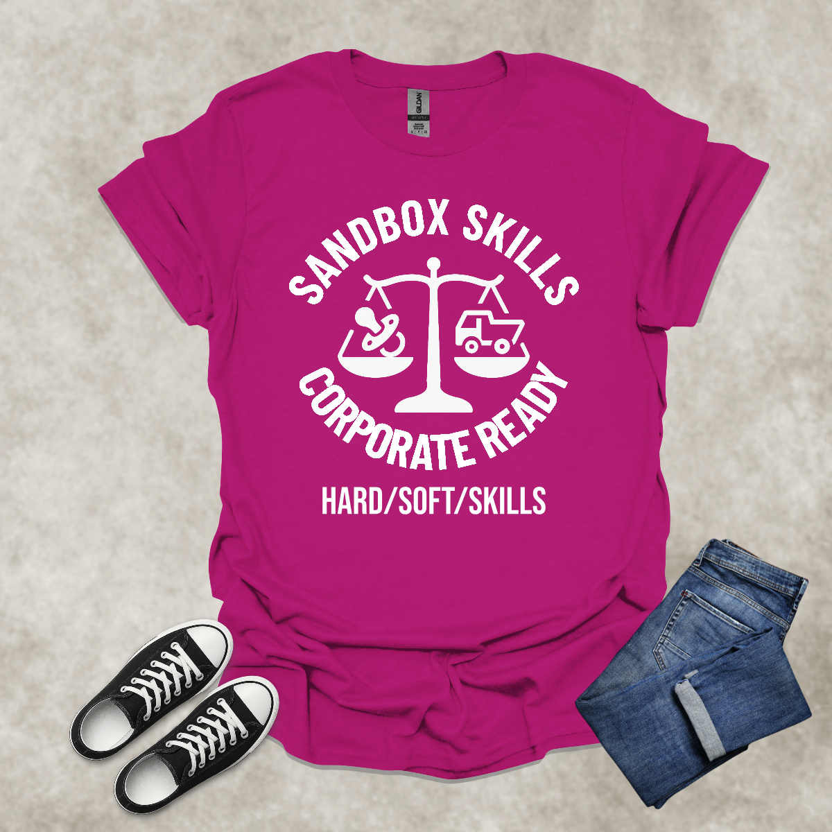SANDYBOX SKILLS: CORPORATE READY: HARD/SOFT/SKILLS — Corporate Satire Tee: Unisex Softstyle T-Shirt