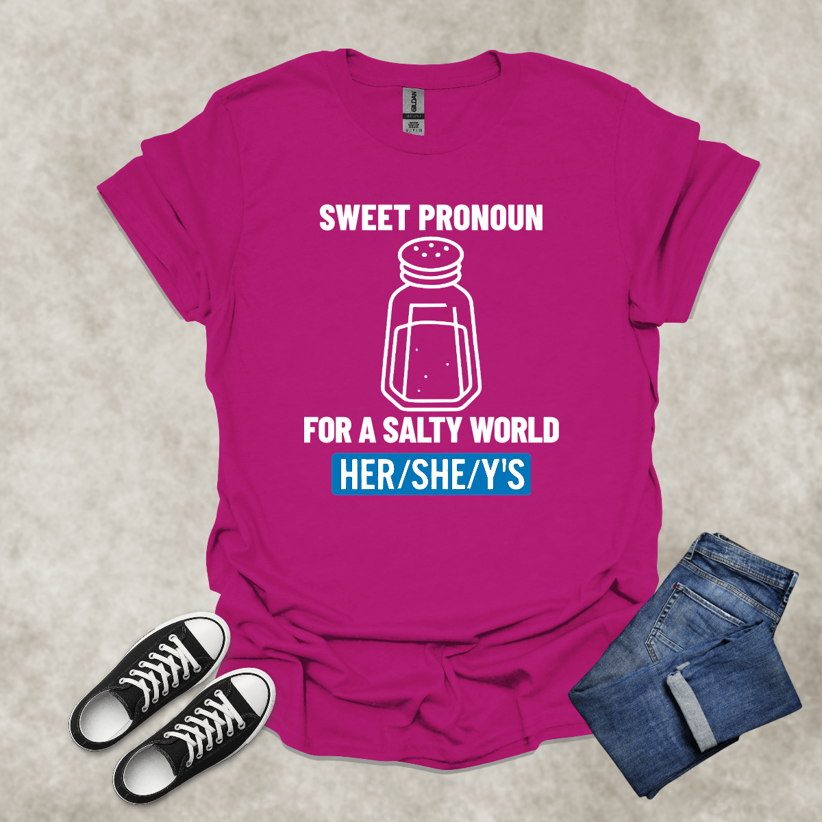 SWEET PRONOUN FOR A SALTY WORLD: HER/SHE/Y'S — Corporate Satire Tee: Unisex Softstyle T-Shirt