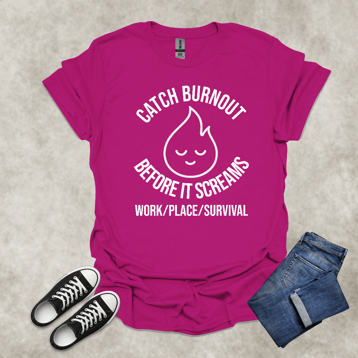 CATCH BURNOUT BEFORE IT SCREAMS: WORK/PLACE/SURVIVAL — Corporate Satire Tee: Unisex Softstyle T-Shirt