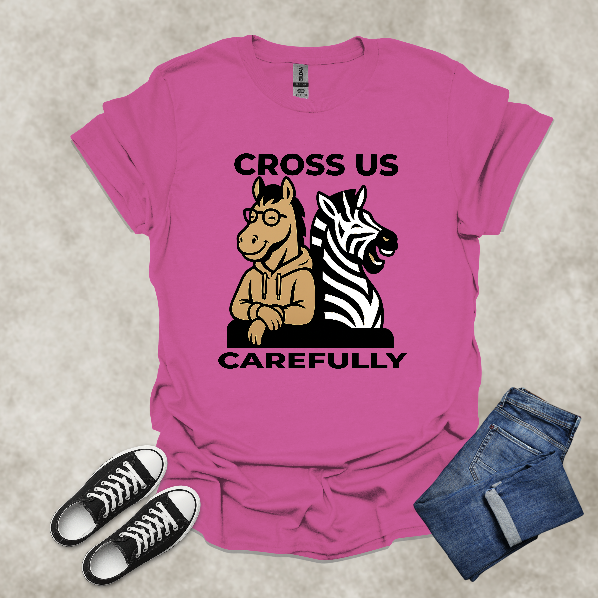 CROSS US CAREFULLY — Zebra & Horse Contrast Tee: Unisex Softstyle T-Shirt