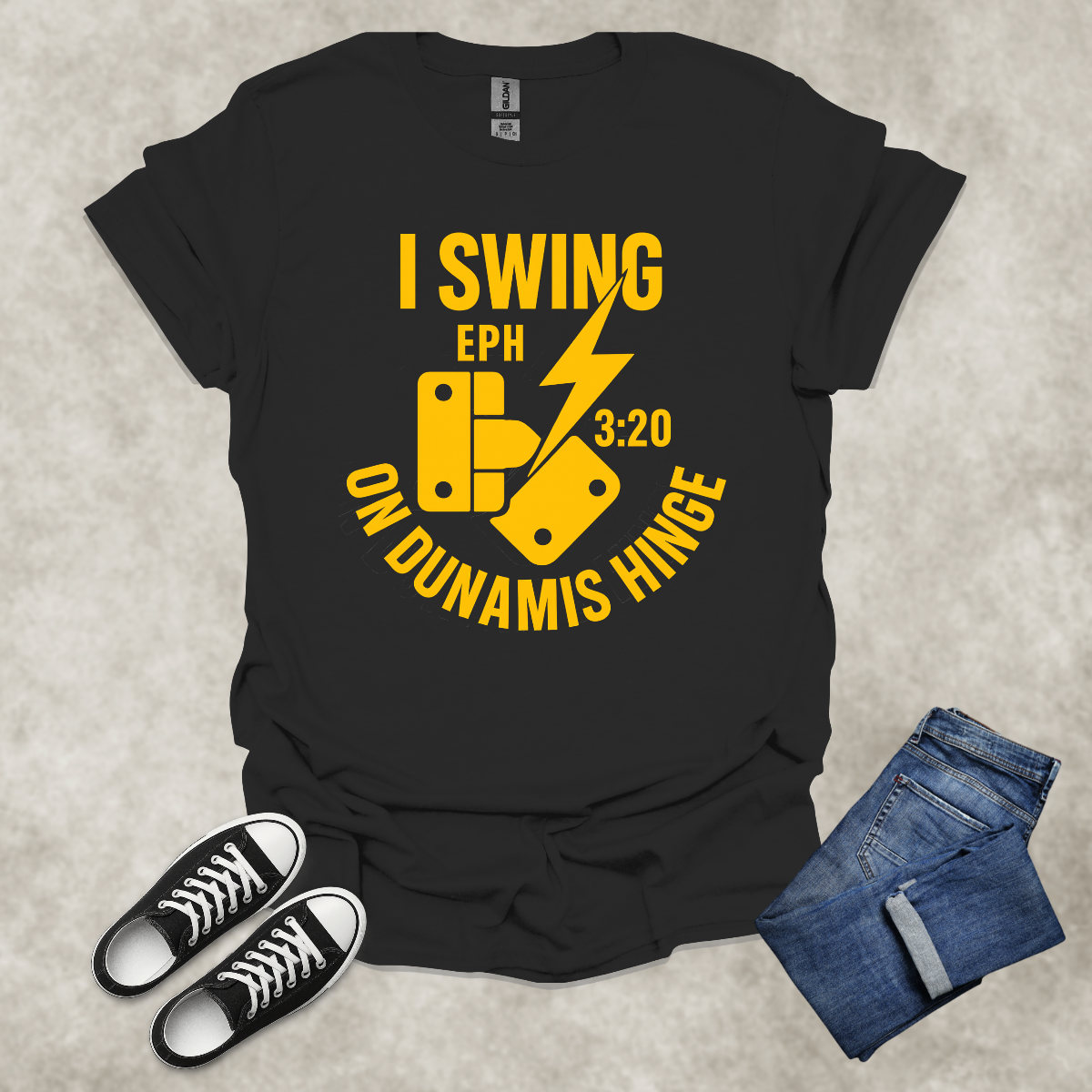 I SWING ON DUNAMIS HINGE — Scripture-Inspired Graphic Tee: Unisex Softstyle T-Shirt