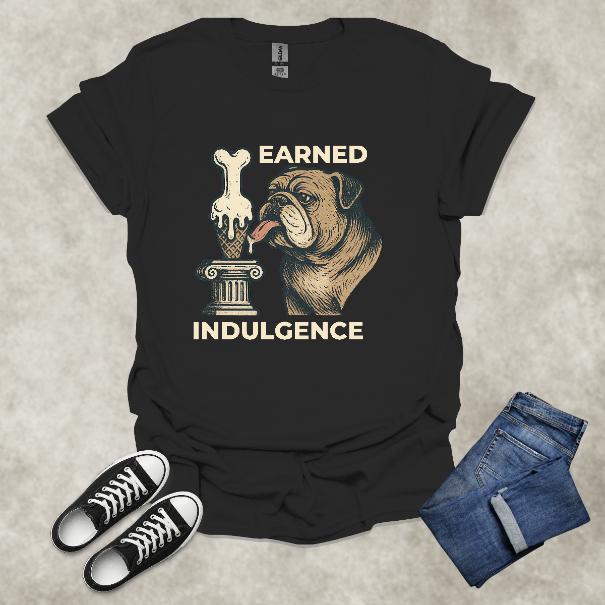 EARNED INDULGENCE — Bulldog Humor Graphic Tee: Unisex Softstyle T-Shirt