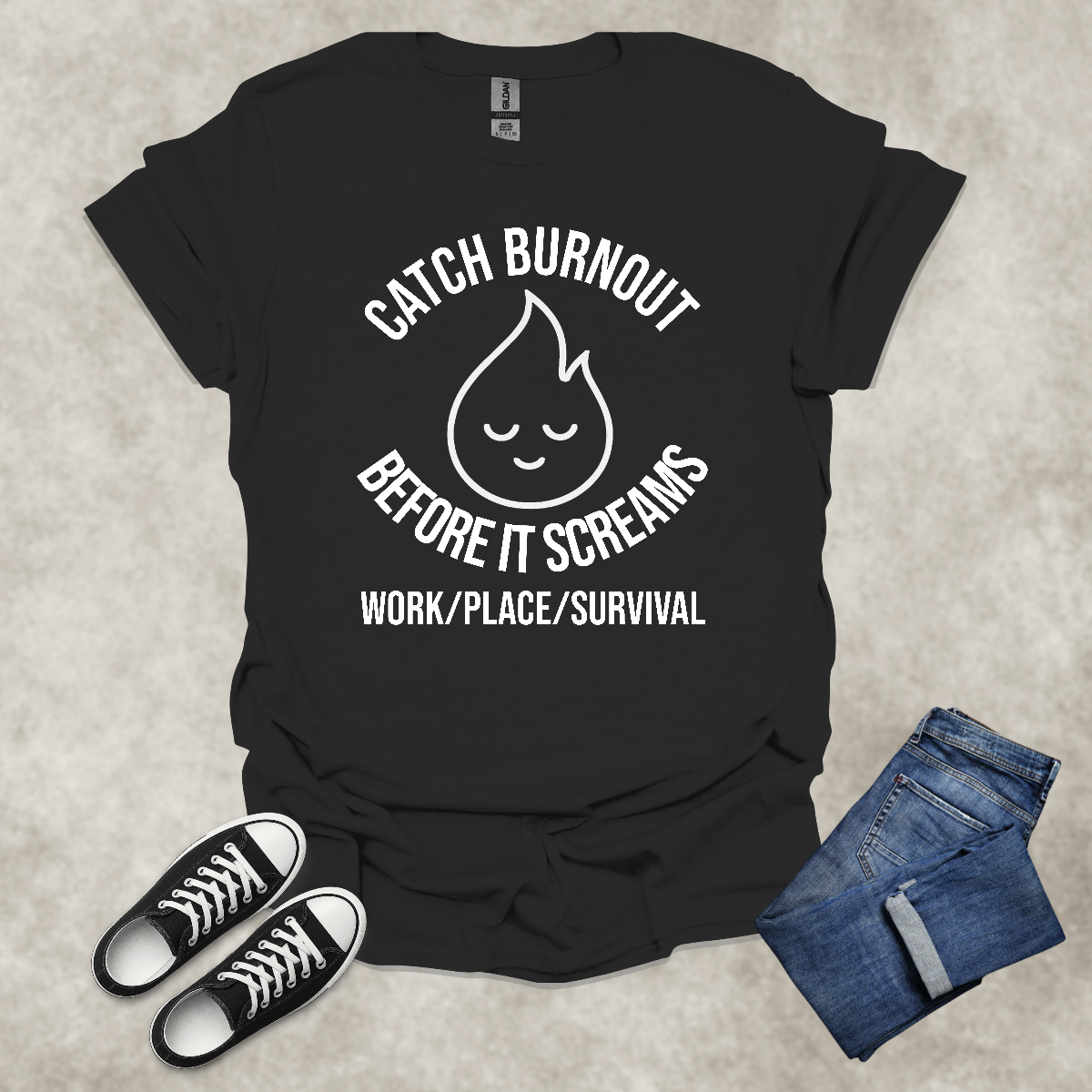 CATCH BURNOUT BEFORE IT SCREAMS: WORK/PLACE/SURVIVAL — Corporate Satire Tee: Unisex Softstyle T-Shirt