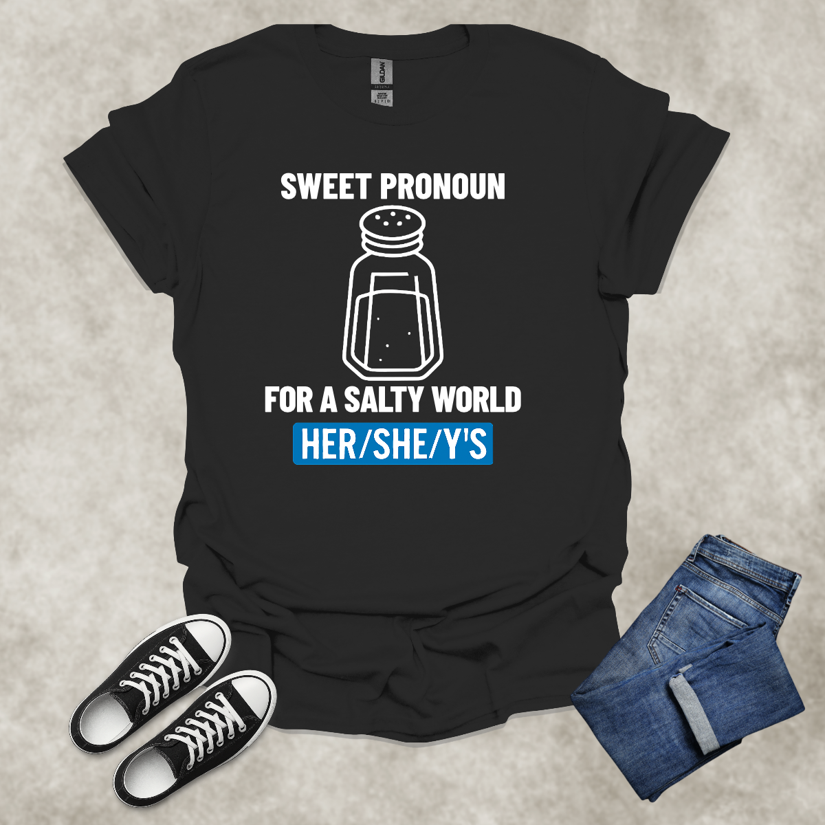 SWEET PRONOUN FOR A SALTY WORLD: HER/SHE/Y'S — Corporate Satire Tee: Unisex Softstyle T-Shirt
