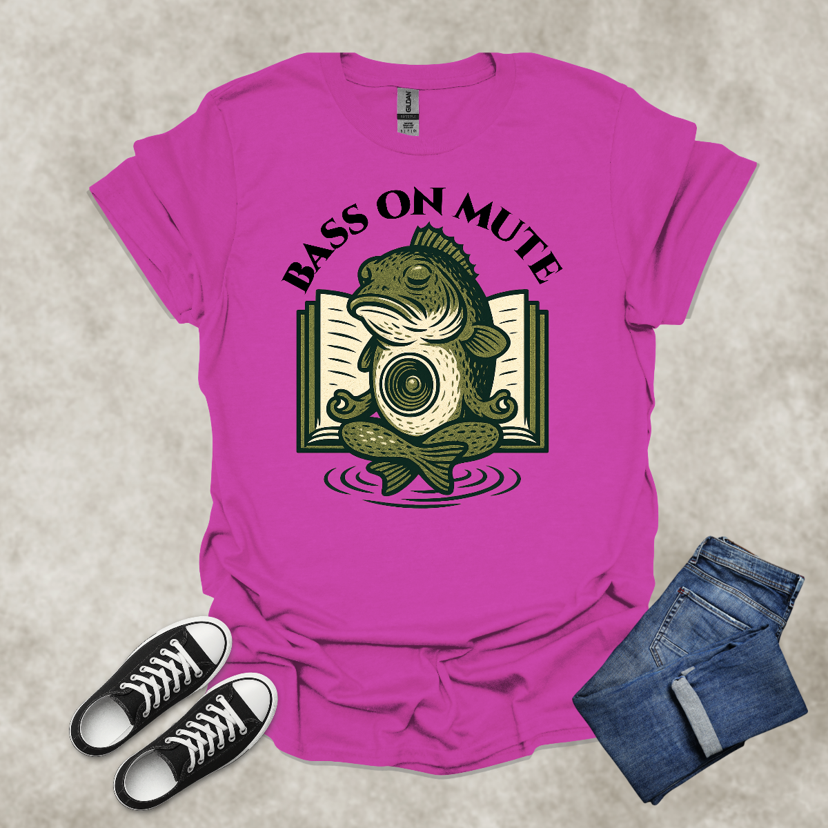 BASS ON MUTE — Yoga-Inspired Fishing & Music Tee: Unisex Softstyle T-Shirt