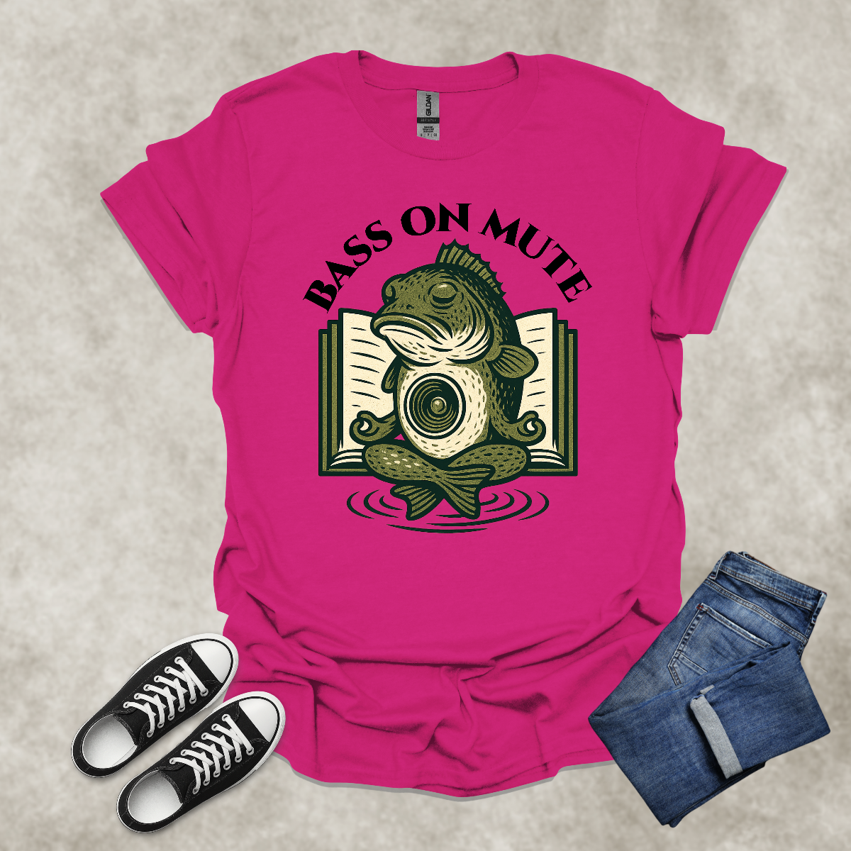 BASS ON MUTE — Yoga-Inspired Fishing & Music Tee: Unisex Softstyle T-Shirt