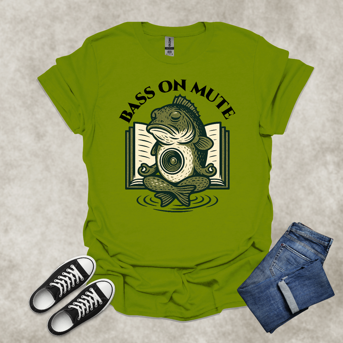 BASS ON MUTE — Yoga-Inspired Fishing & Music Tee: Unisex Softstyle T-Shirt