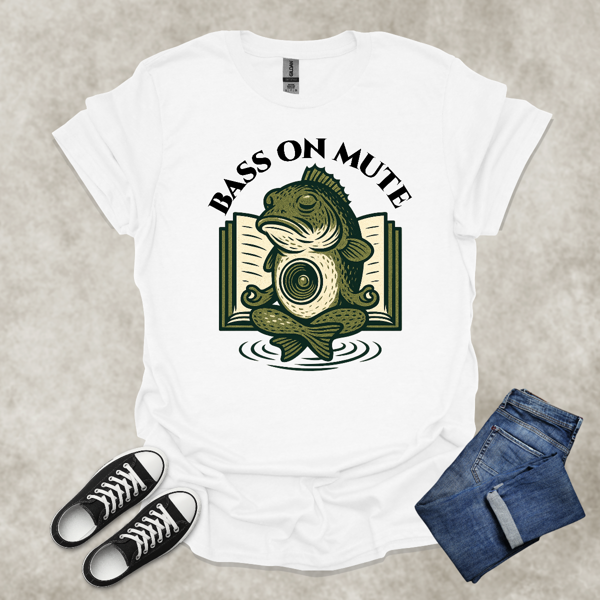 BASS ON MUTE — Yoga-Inspired Fishing & Music Tee: Unisex Softstyle T-Shirt