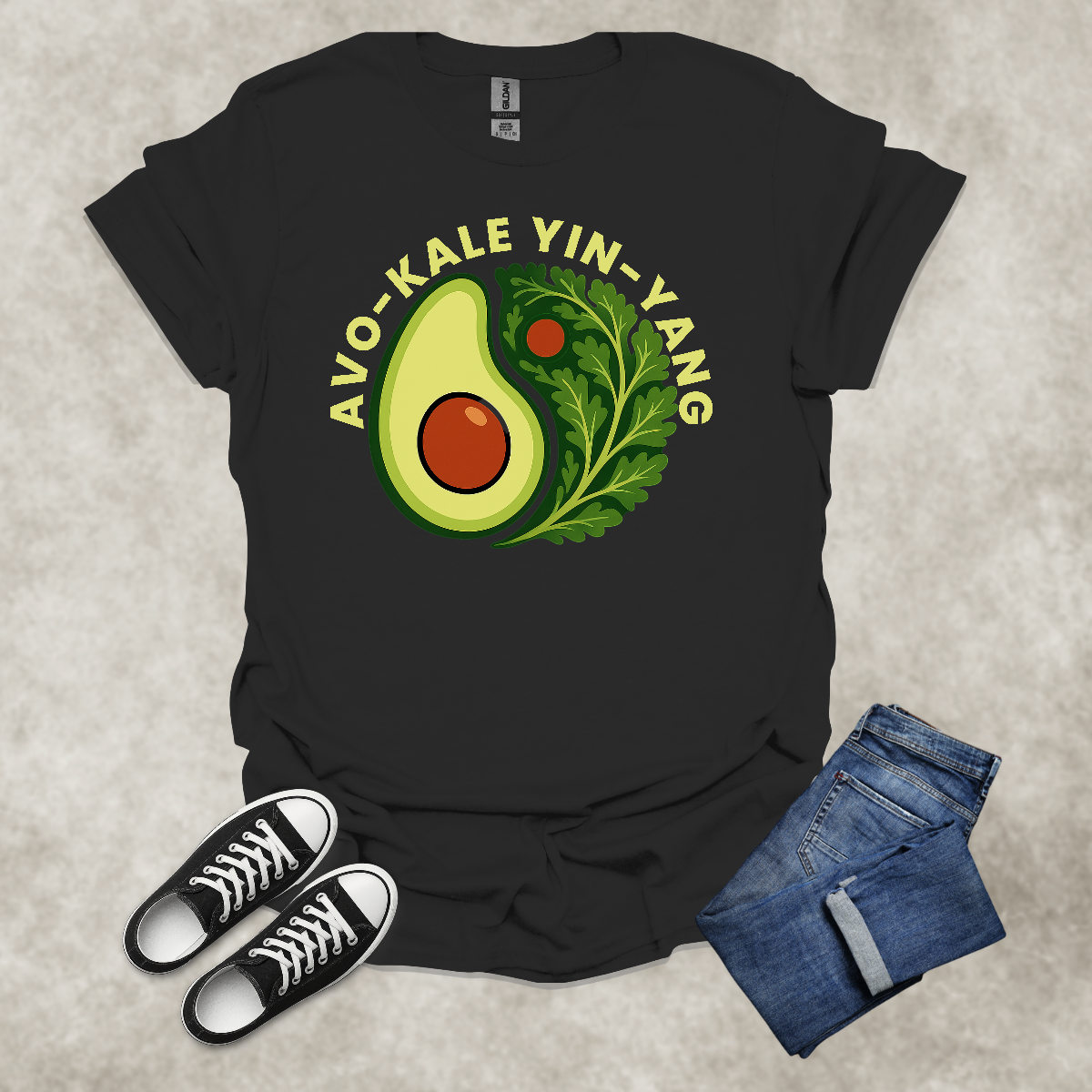 AVO-KALE: YIN-YANG — Foodie Wellness Graphic Tee: Unisex Softstyle T-Shirt