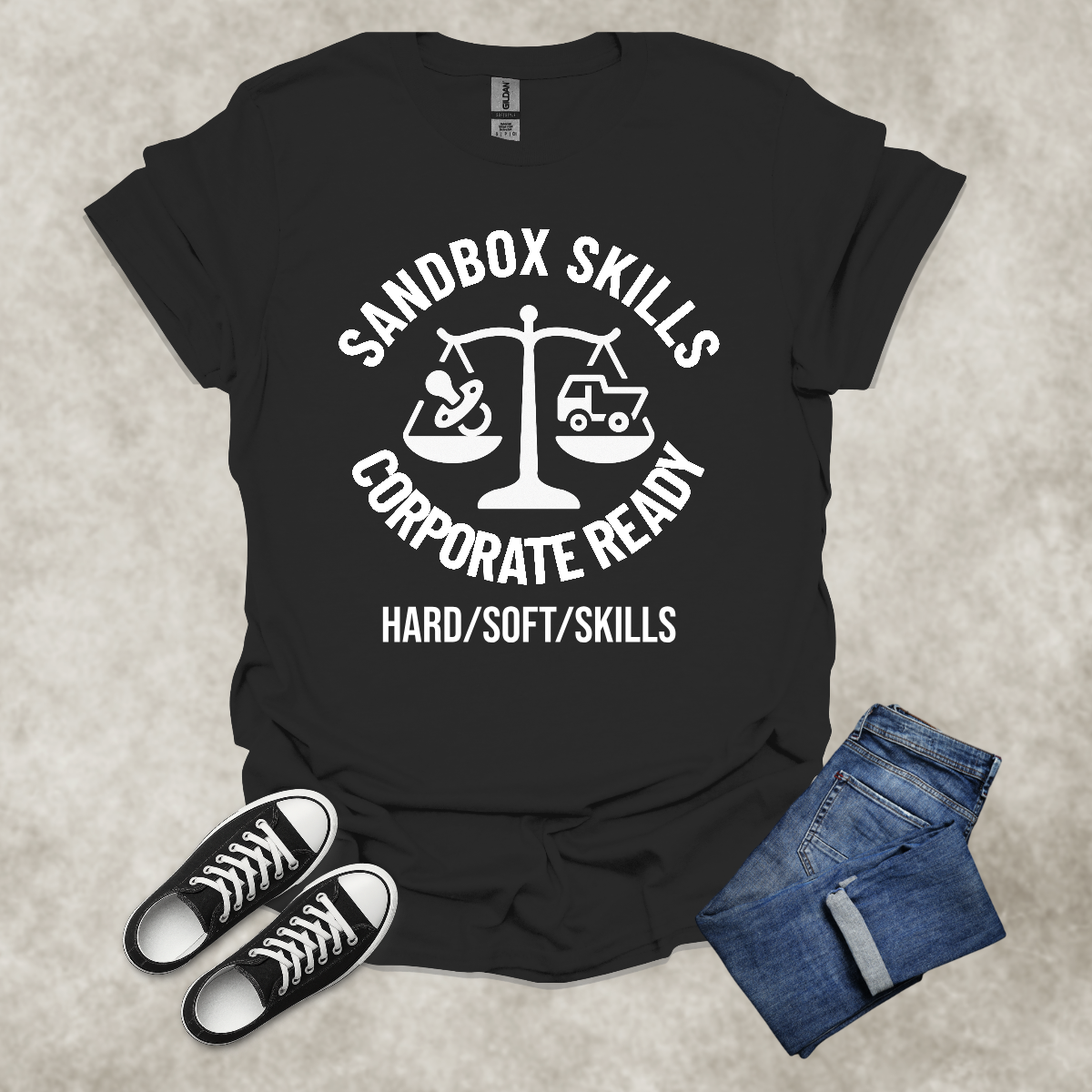SANDYBOX SKILLS: CORPORATE READY: HARD/SOFT/SKILLS — Corporate Satire Tee: Unisex Softstyle T-Shirt