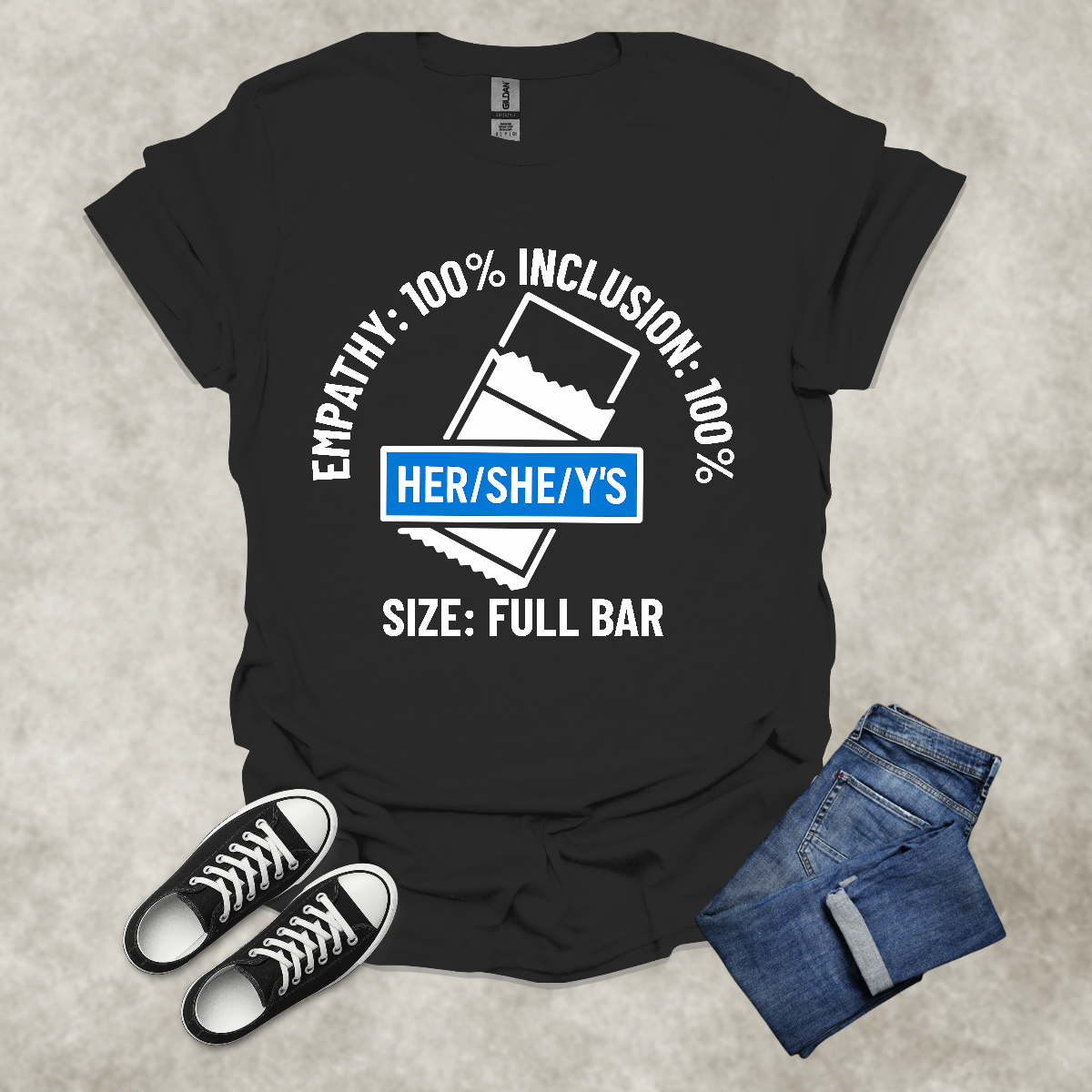 EMPATHY: 100%: INCLUSION: 100%: SIZE: FULL BAR: HER/SHE/Y'S — Corporate Satire Tee: Unisex Softstyle T-Shirt