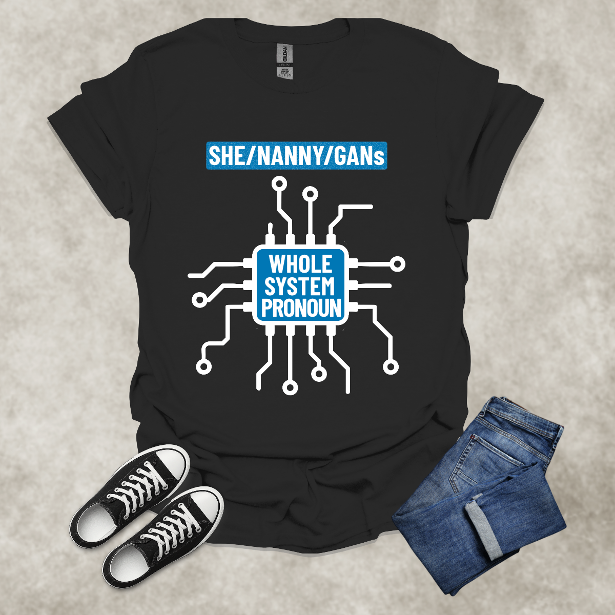 SHE/NANNY/GANs: WHOLE SYSTEM PRONOUN — Corporate Satire Tee: Unisex Softstyle T-Shirt