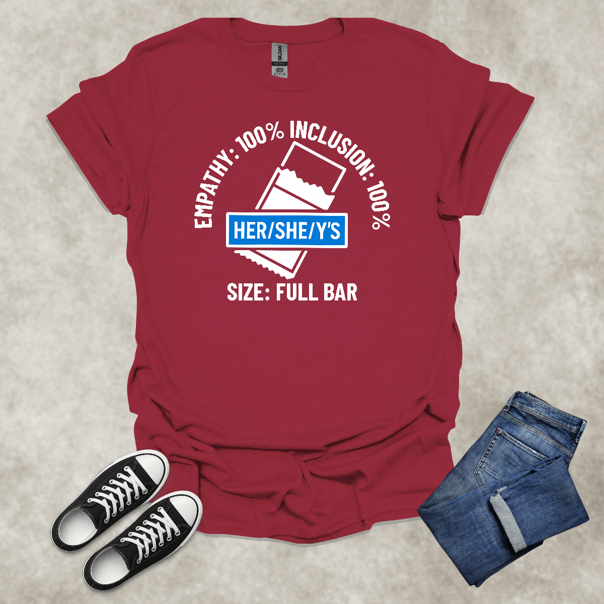 EMPATHY: 100%: INCLUSION: 100%: SIZE: FULL BAR: HER/SHE/Y'S — Corporate Satire Tee: Unisex Softstyle T-Shirt