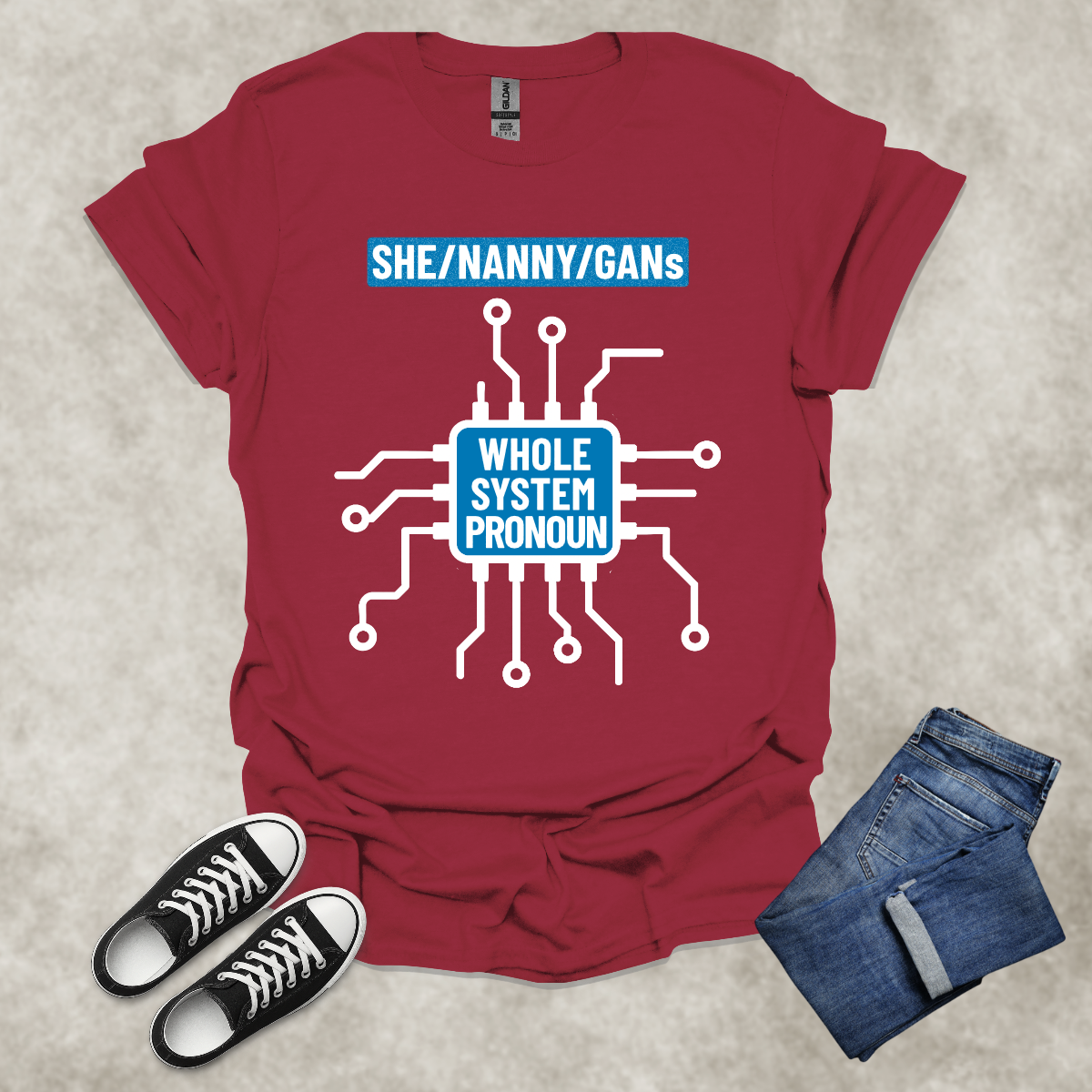 SHE/NANNY/GANs: WHOLE SYSTEM PRONOUN — Corporate Satire Tee: Unisex Softstyle T-Shirt