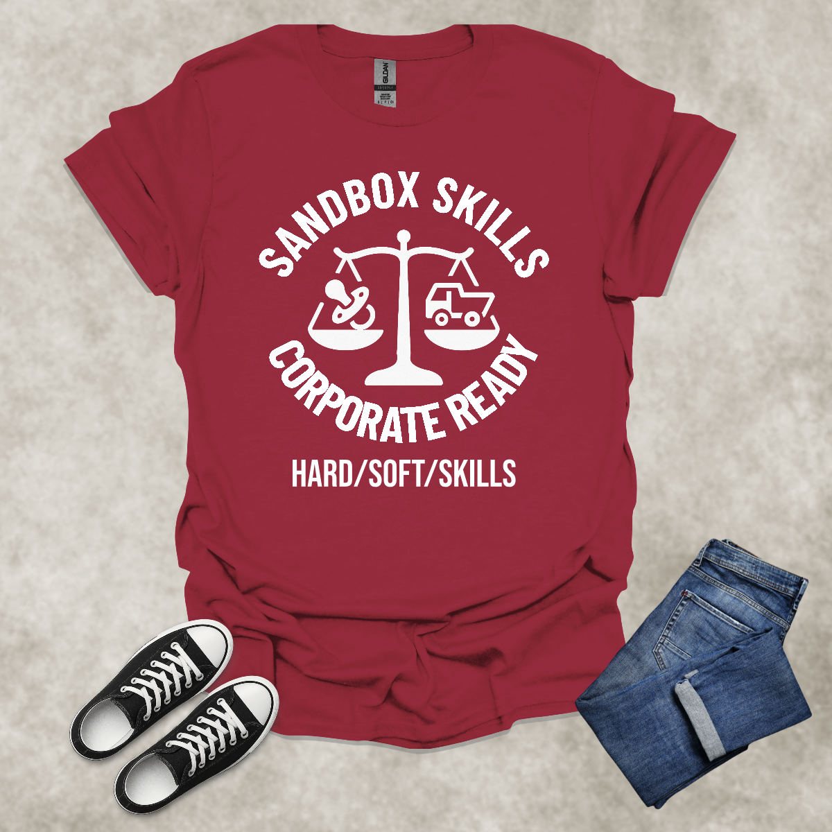SANDYBOX SKILLS: CORPORATE READY: HARD/SOFT/SKILLS — Corporate Satire Tee: Unisex Softstyle T-Shirt