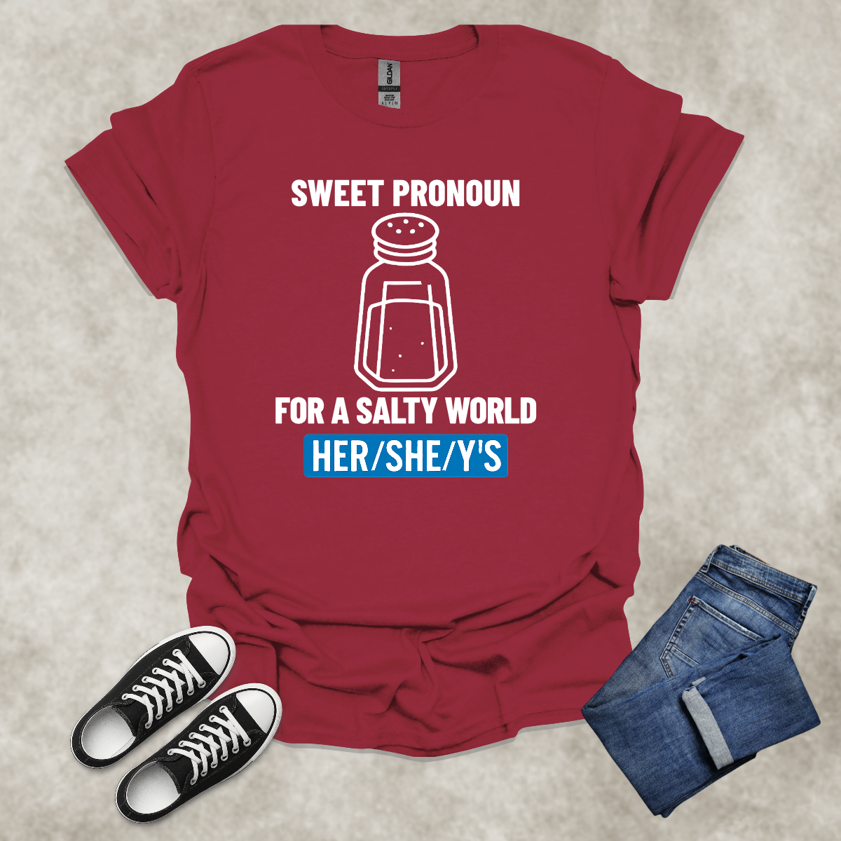 SWEET PRONOUN FOR A SALTY WORLD: HER/SHE/Y'S — Corporate Satire Tee: Unisex Softstyle T-Shirt