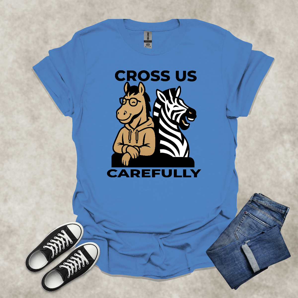 CROSS US CAREFULLY — Zebra & Horse Contrast Tee: Unisex Softstyle T-Shirt