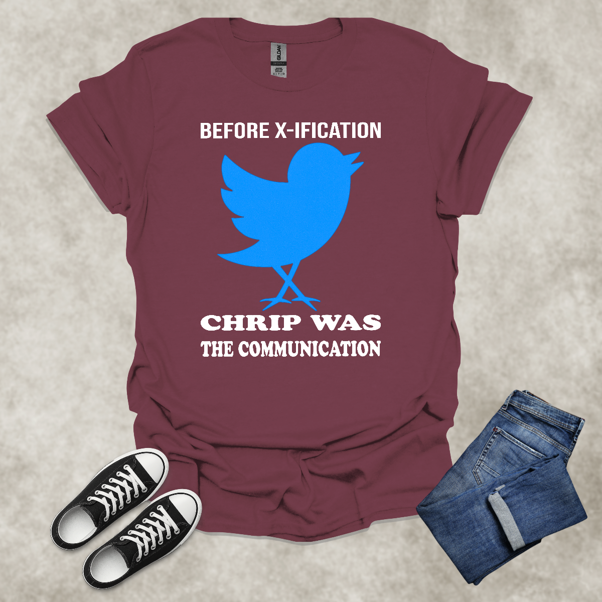 BEFORE X-IFICATION, CHIRP WAS THE COMMUNICATION — Social Media Satire Tee: Unisex Softstyle T-Shirt