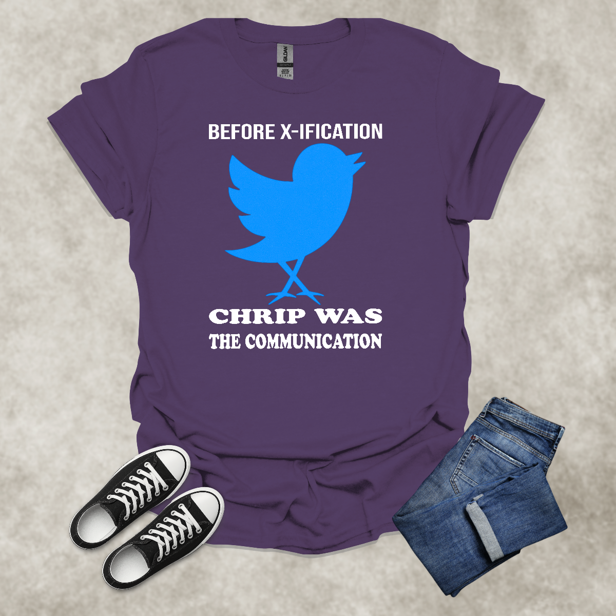 BEFORE X-IFICATION, CHIRP WAS THE COMMUNICATION — Social Media Satire Tee: Unisex Softstyle T-Shirt
