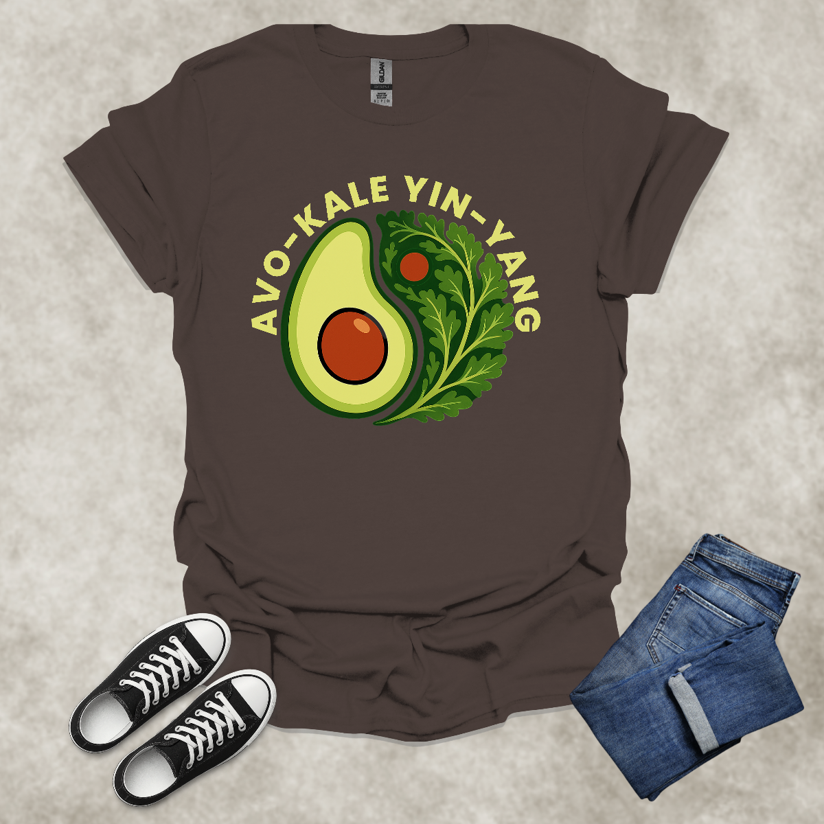 AVO-KALE: YIN-YANG — Foodie Wellness Graphic Tee: Unisex Softstyle T-Shirt