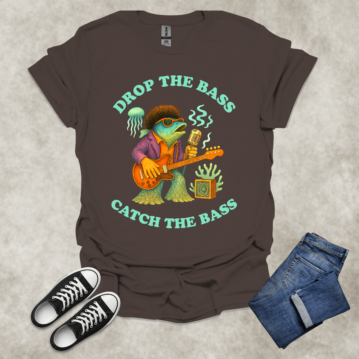 DROP THE BASS: CATCH THE BASS — Music & Fishing Satire Tee: Unisex Softstyle T-Shirt