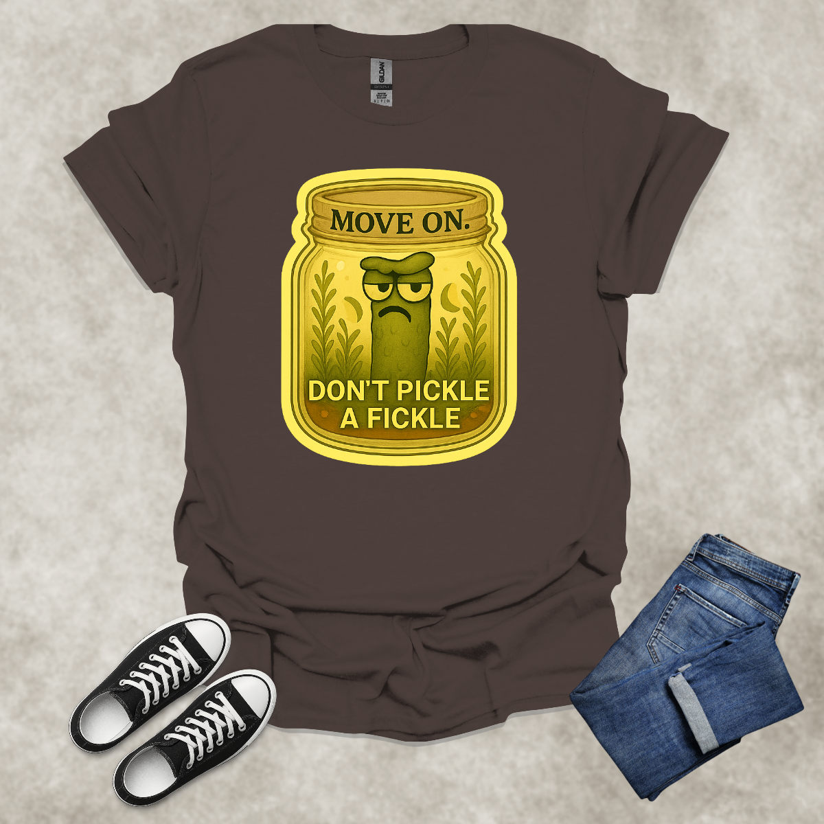 MOVE ON: DON’T PICKLE A FICKLE — Food & Relationship Satire Tee: Unisex Softstyle T-Shirt