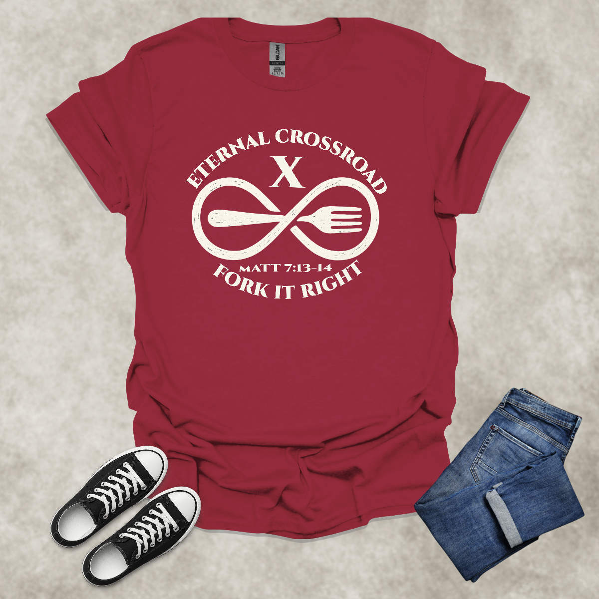 ETERNAL CROSSROAD: FORK IT RIGHT — Scripture-Inspired Satire Tee: Unisex Softstyle T-Shirt