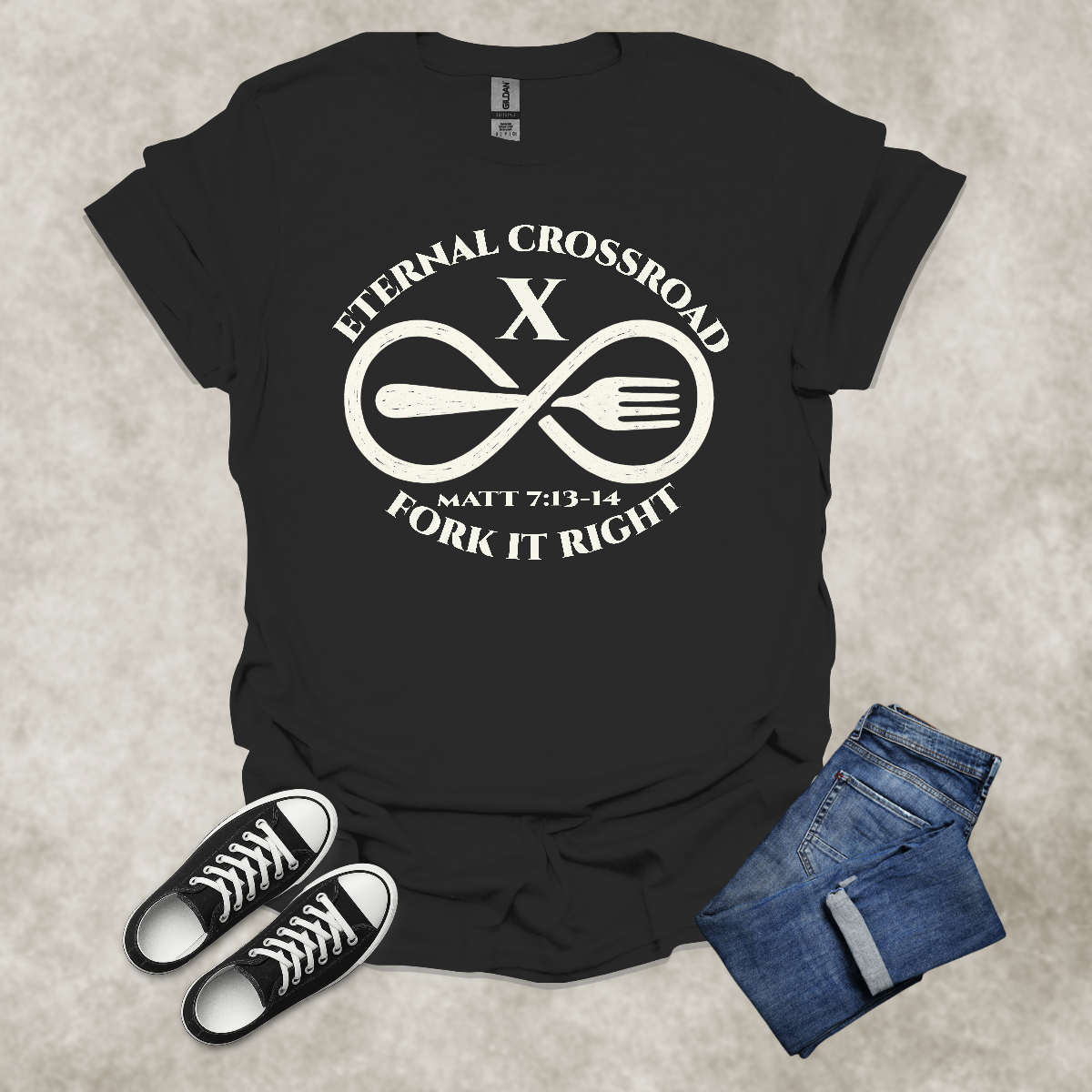 ETERNAL CROSSROAD: FORK IT RIGHT — Scripture-Inspired Satire Tee: Unisex Softstyle T-Shirt