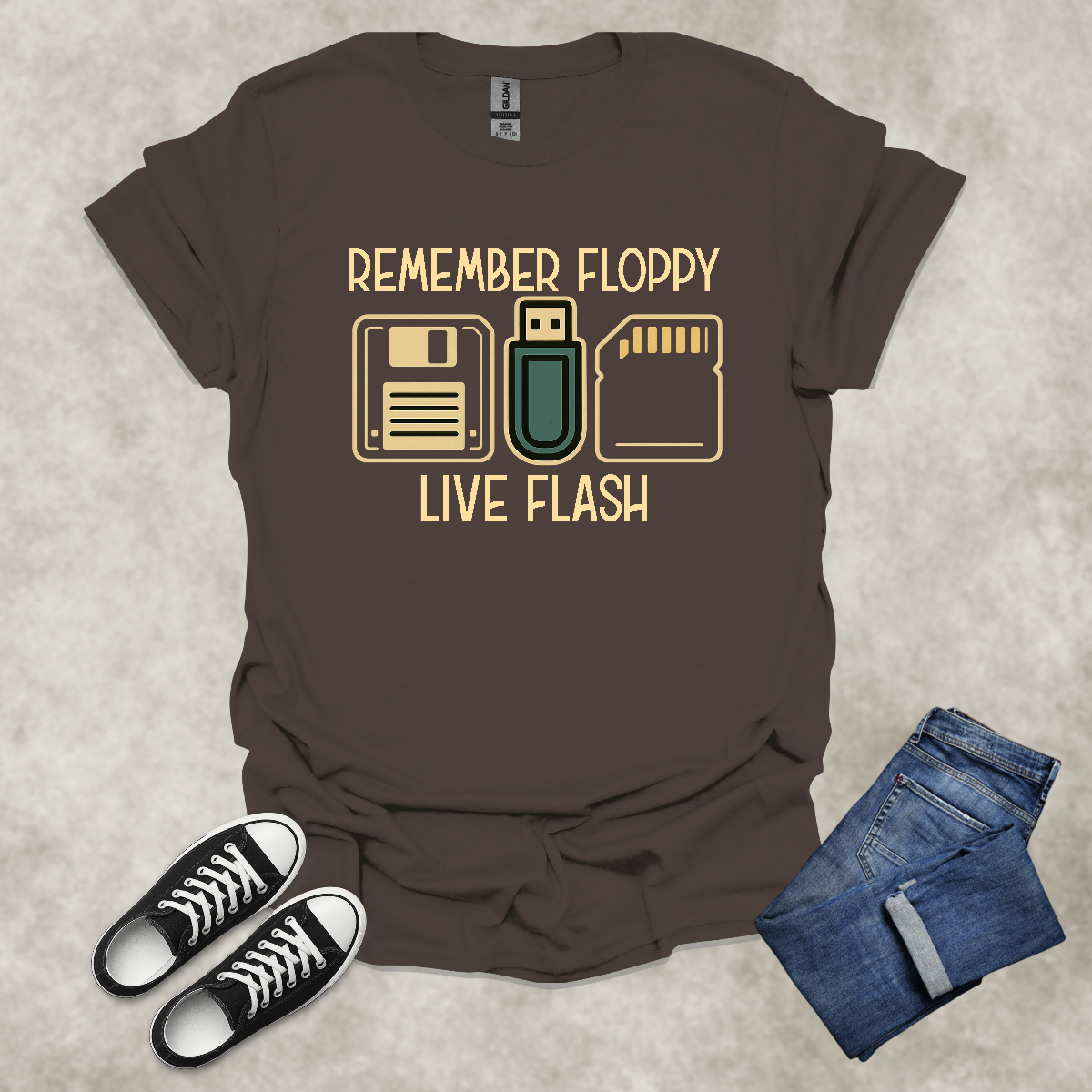 REMEMBER FLOPPY: LIVE FLASH — Retro Tech Humor Tee: Unisex Softstyle T-Shirt