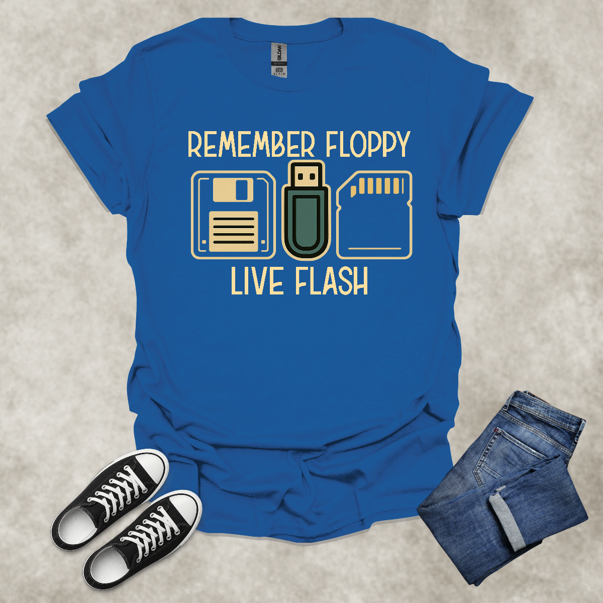 REMEMBER FLOPPY: LIVE FLASH — Retro Tech Humor Tee: Unisex Softstyle T-Shirt