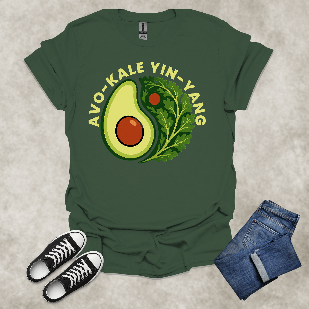 AVO-KALE: YIN-YANG — Foodie Wellness Graphic Tee: Unisex Softstyle T-Shirt