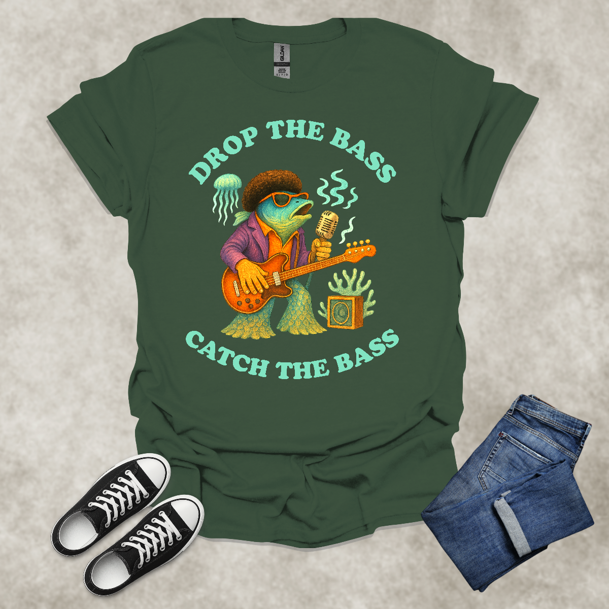 DROP THE BASS: CATCH THE BASS — Music & Fishing Satire Tee: Unisex Softstyle T-Shirt