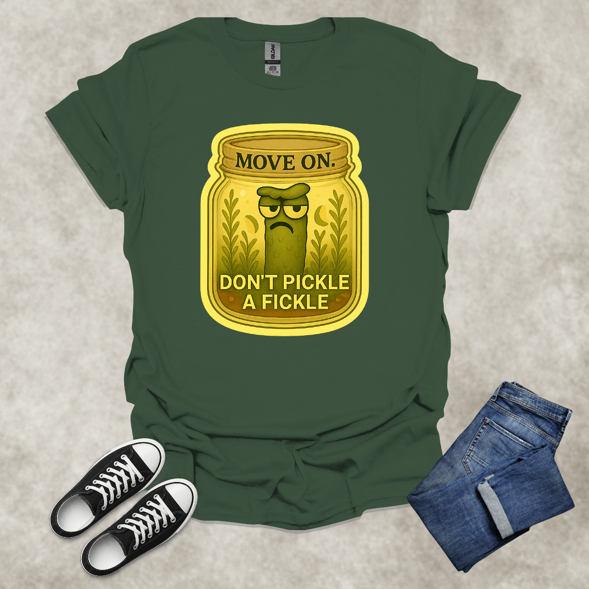 MOVE ON: DON’T PICKLE A FICKLE — Food & Relationship Satire Tee: Unisex Softstyle T-Shirt