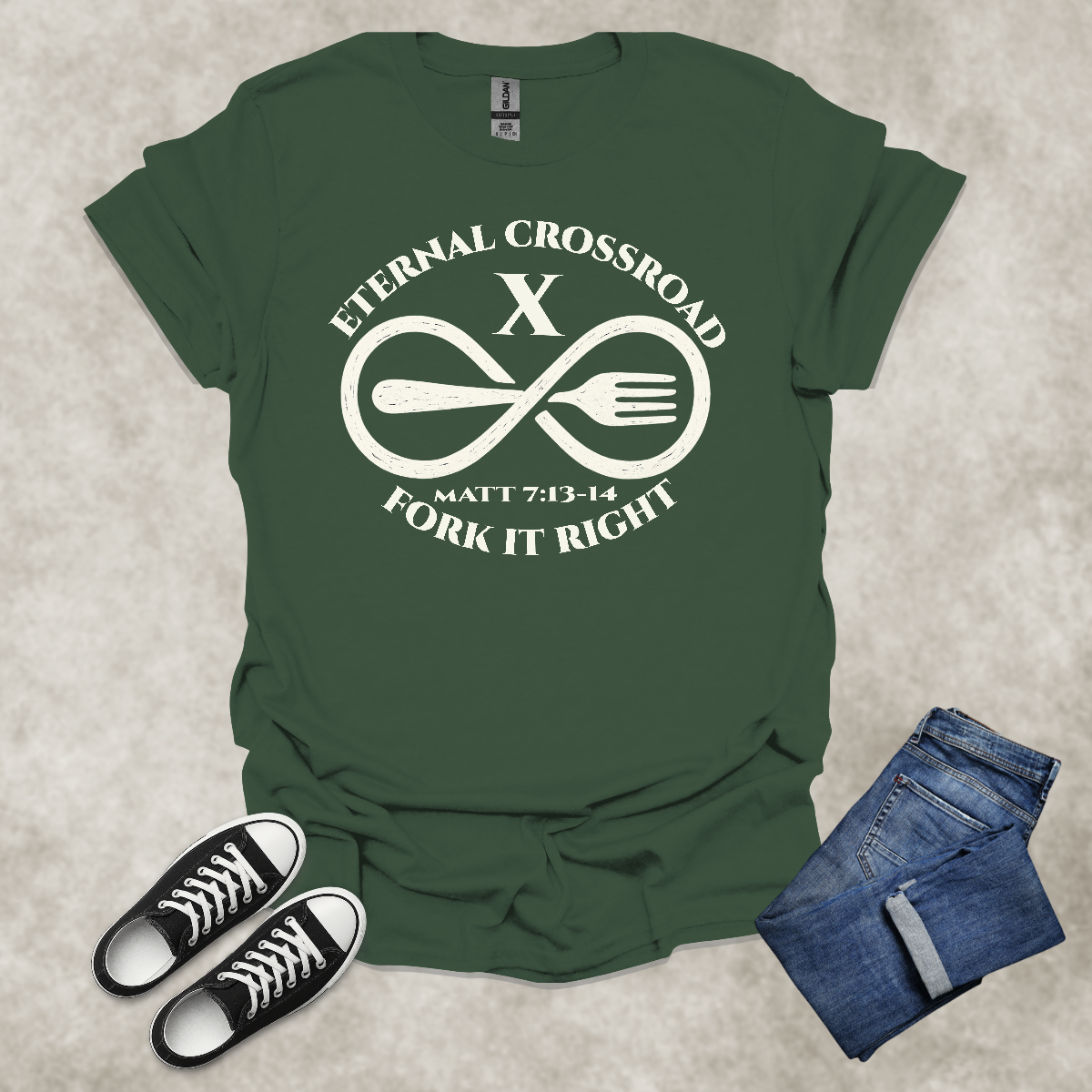 ETERNAL CROSSROAD: FORK IT RIGHT — Scripture-Inspired Satire Tee: Unisex Softstyle T-Shirt