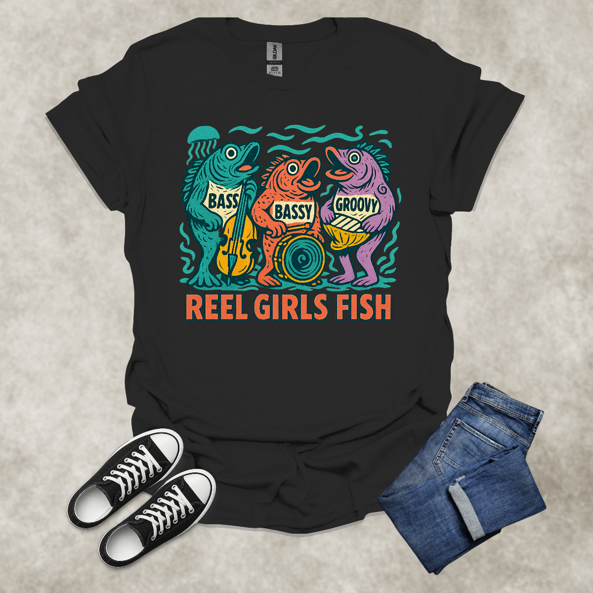 REEL GIRLS FISH — Fishing & Music Humor Tee: Unisex Softstyle T-Shirt