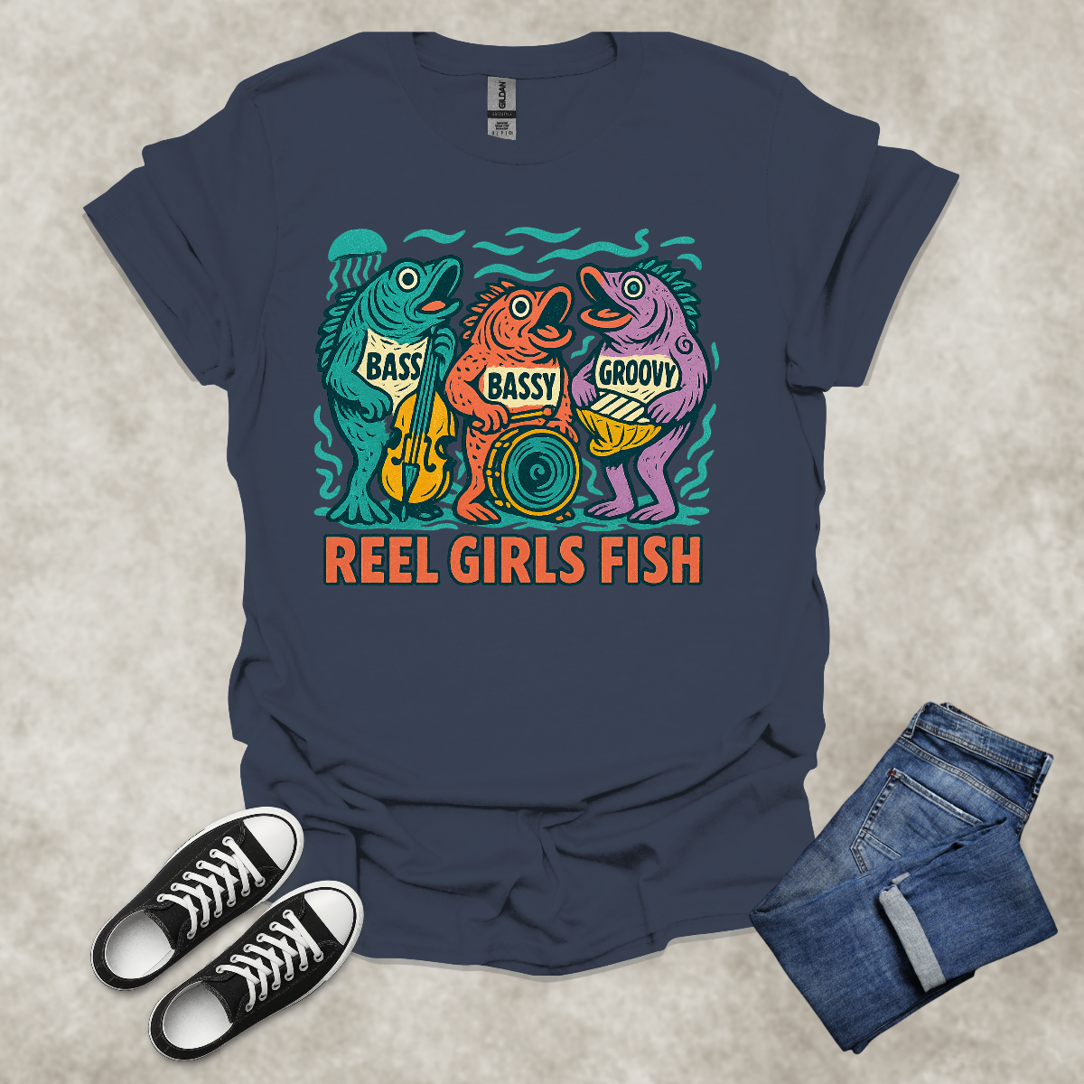 REEL GIRLS FISH — Fishing & Music Humor Tee: Unisex Softstyle T-Shirt