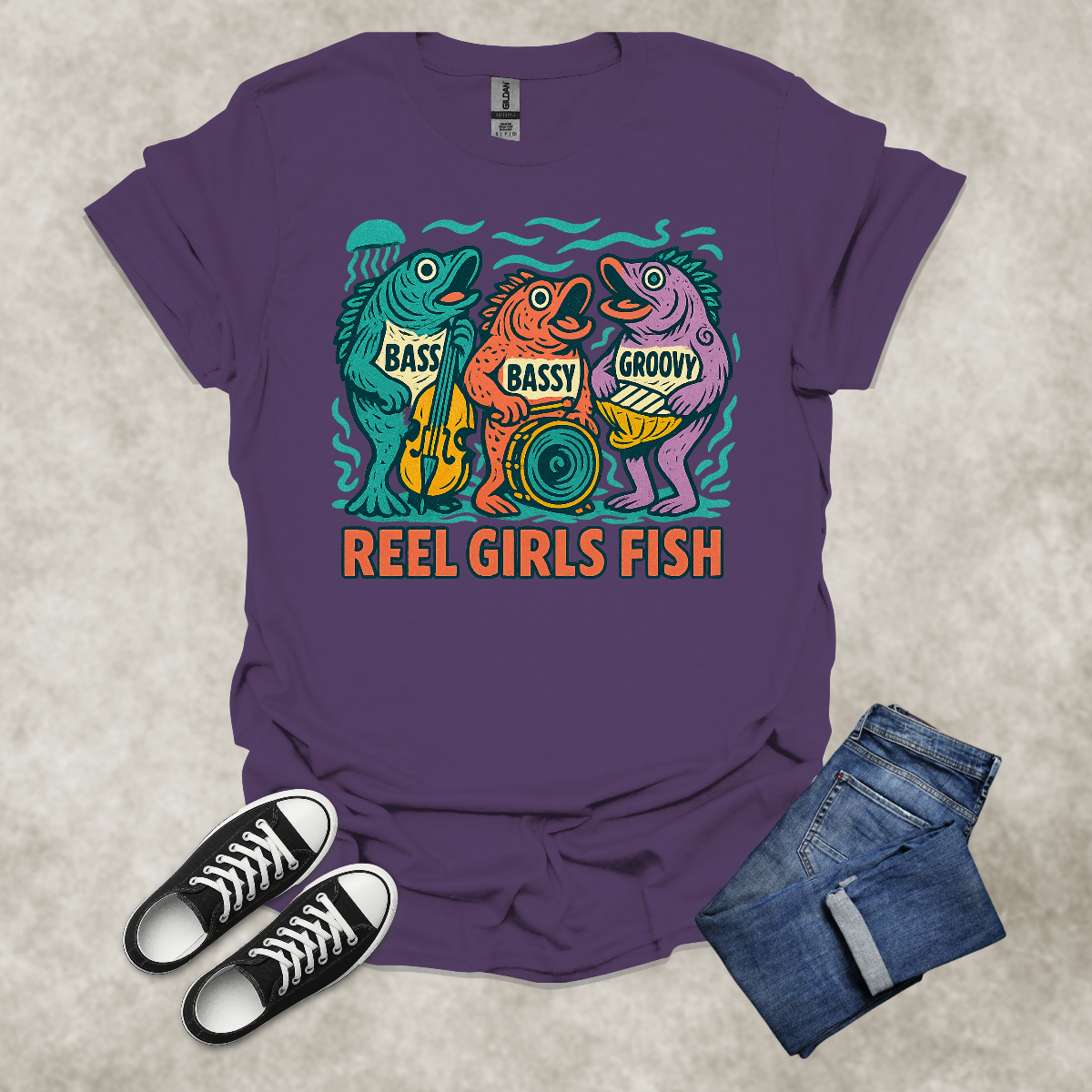 REEL GIRLS FISH — Fishing & Music Humor Tee: Unisex Softstyle T-Shirt