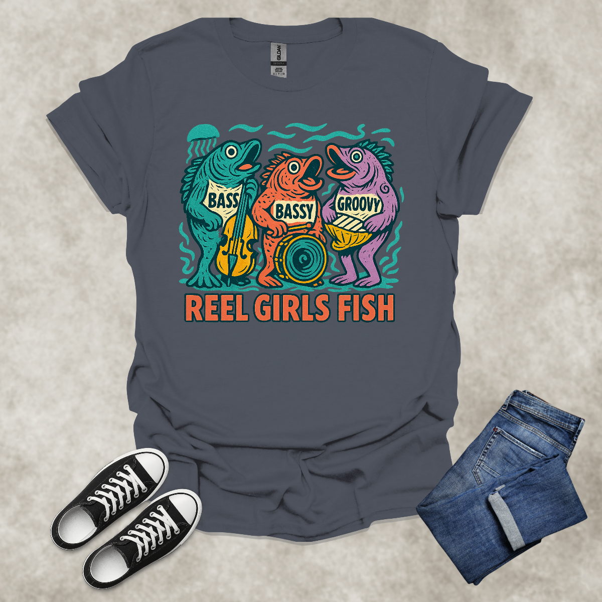 REEL GIRLS FISH — Fishing & Music Humor Tee: Unisex Softstyle T-Shirt