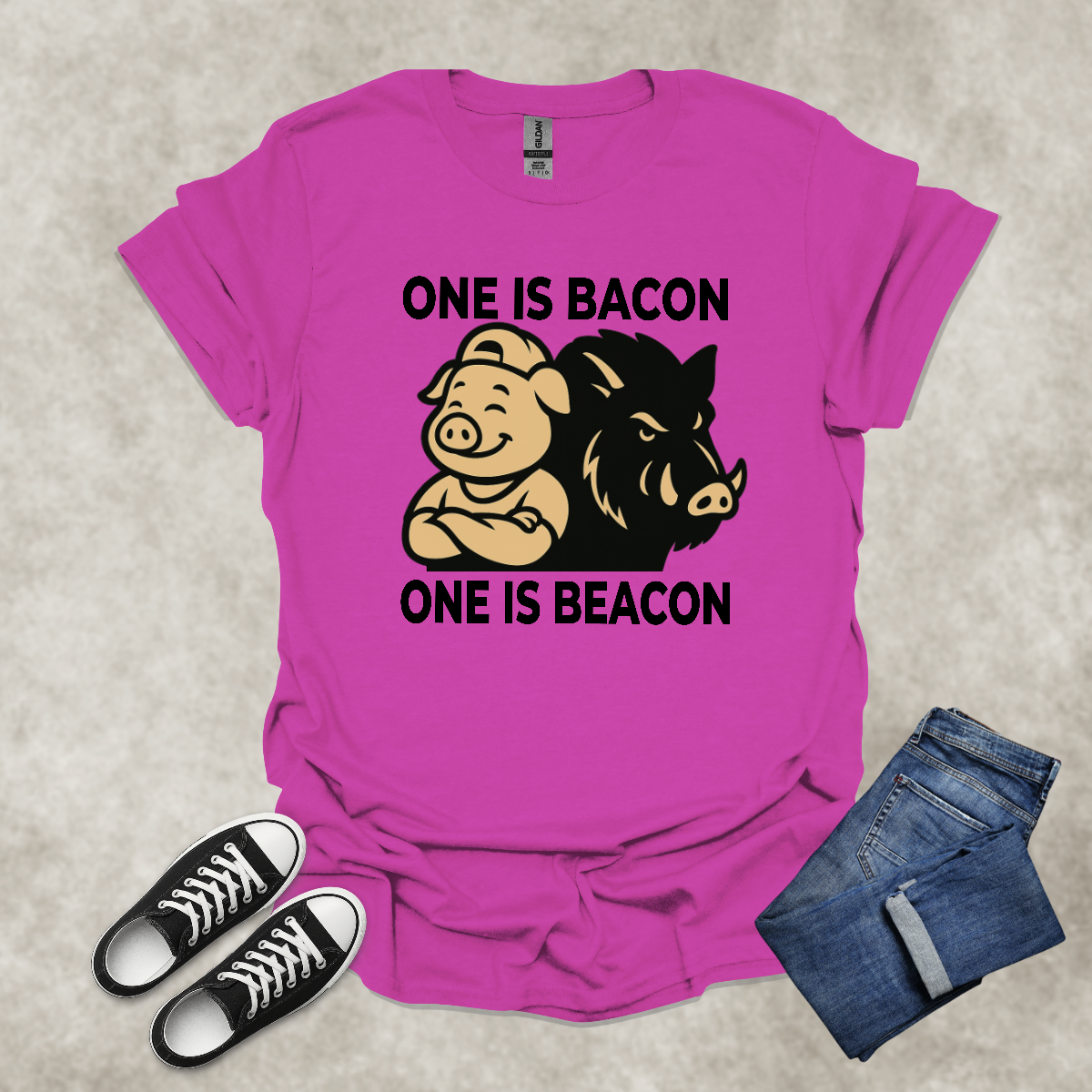 ONE IS BACON: ONE IS BEACON — Food & Wordplay Satire Tee: Unisex Softstyle T-Shirt