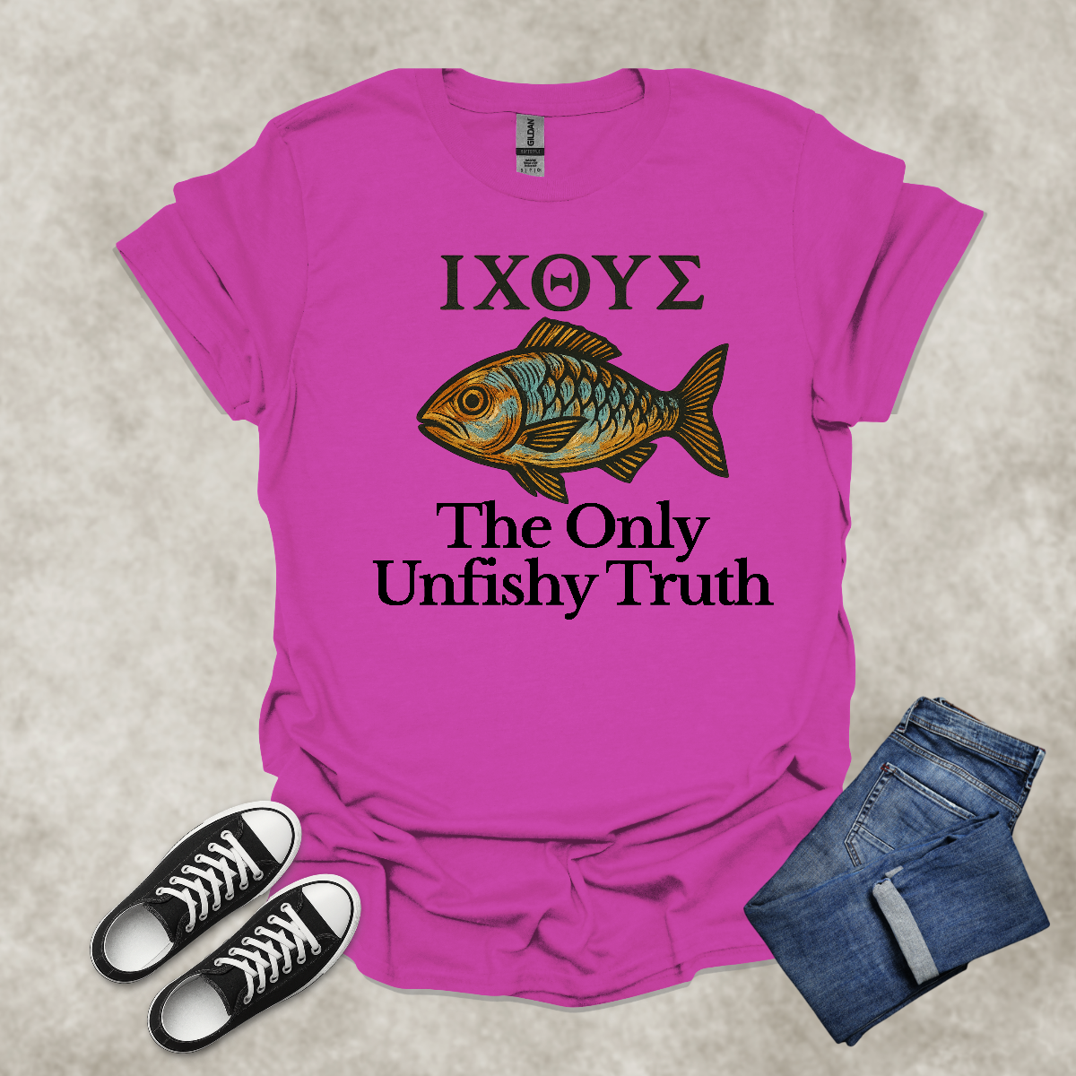 ΙΧΘΥΣ. THE ONLY UNFISHY TRUTH — Scripture-Inspired Graphic Tee: Unisex Softstyle T-Shirt