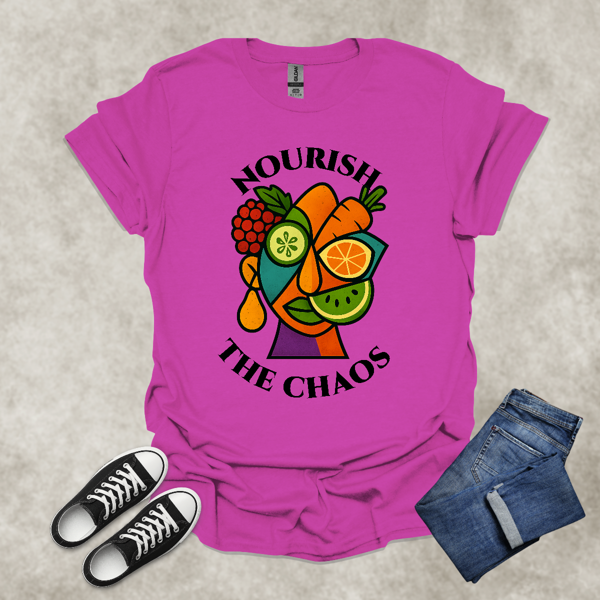 NOURISH THE CHAOS — Abstract Veggie Art Tee: Unisex Softstyle T-Shirt
