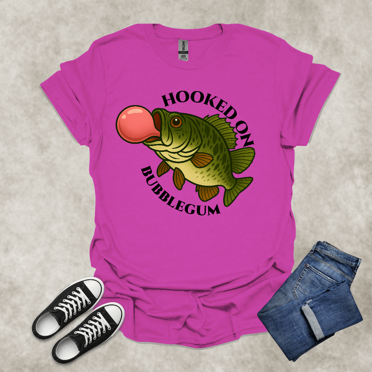 HOOKED ON BUBBLEGUM — Fishing Humor Graphic Tee: Unisex Softstyle T-Shirt