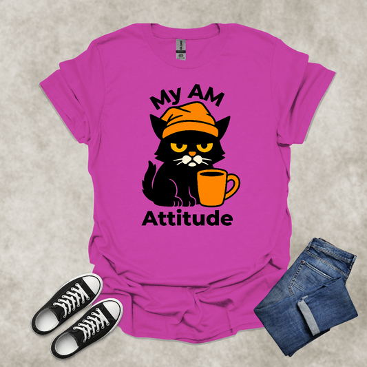 MY AM ATTITUDE — Coffee & Cat Humor Tee: Unisex Softstyle T-Shirt