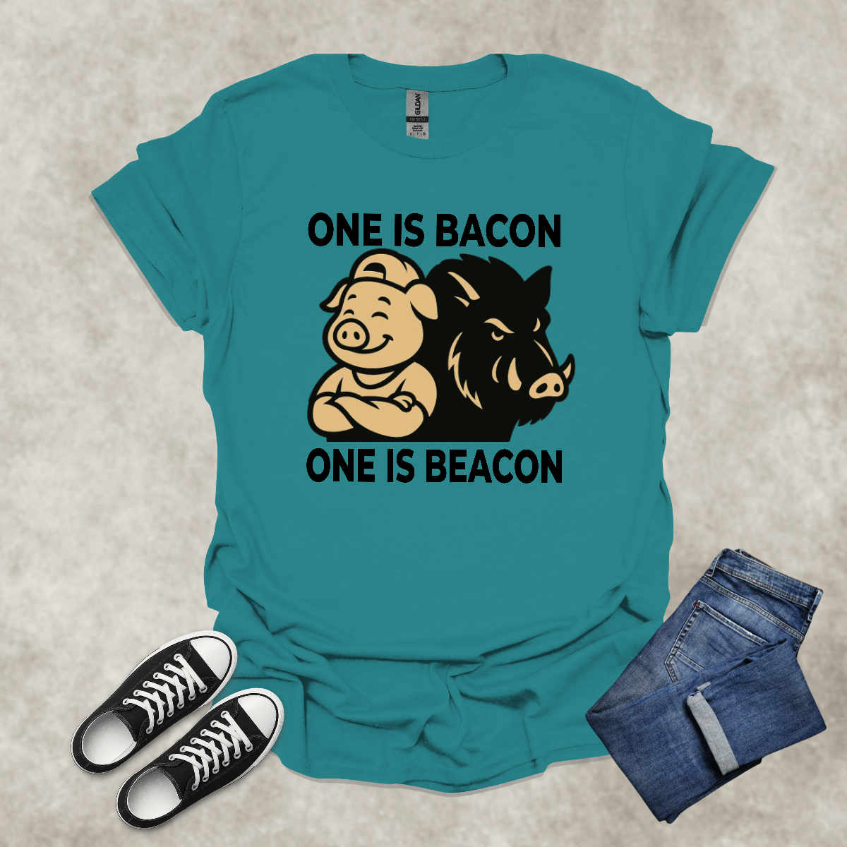 ONE IS BACON: ONE IS BEACON — Food & Wordplay Satire Tee: Unisex Softstyle T-Shirt